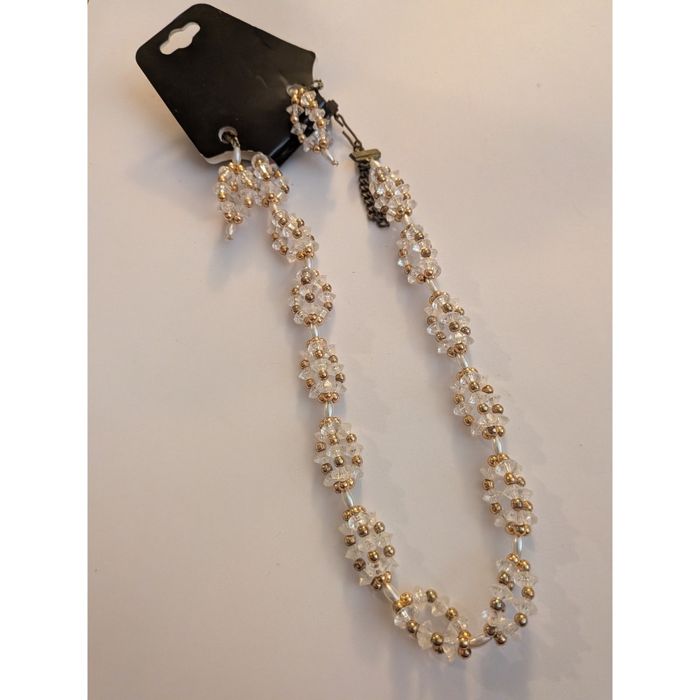Vintage Style Beaded Necklace Earring Set Clear Gold Faux Pearl‎ Cluster Jewelry